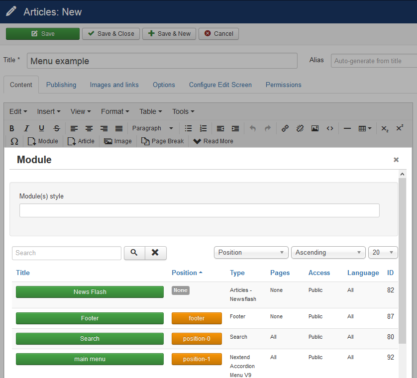 Insert Joomla modules into articles