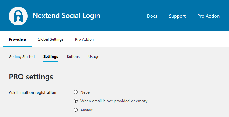 Pro Settings - Ask E-mail on registration