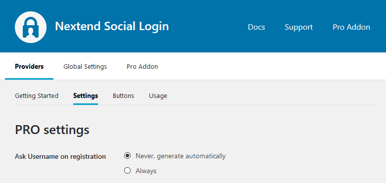 Pro Settings - Ask Username on registration