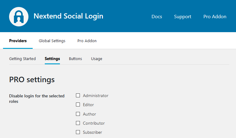 Pro Settings - Disable login for the selected roles
