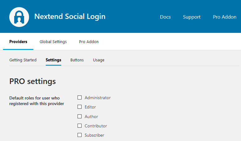 Pro Settings - Default roles for user who registered with this provider