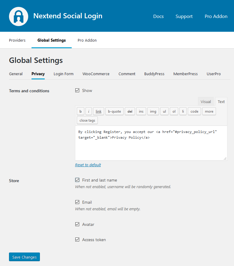 Settings to set a privacy policy link and disable storing user data