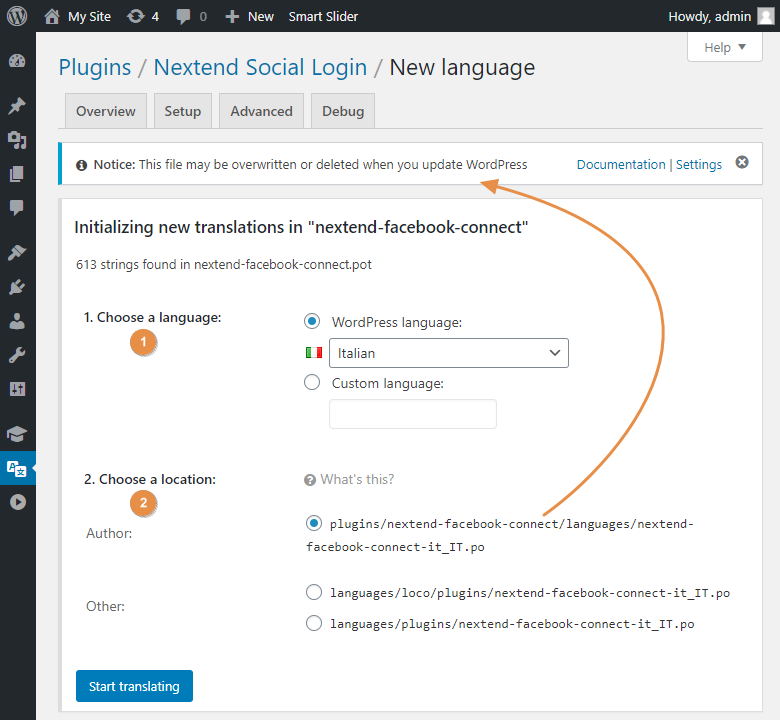 Nextend Social Login translation - Loco Translate create