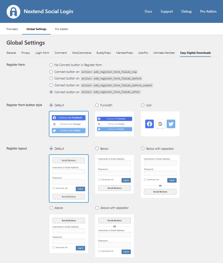 Easy Digital Downloads Global Settings - Register